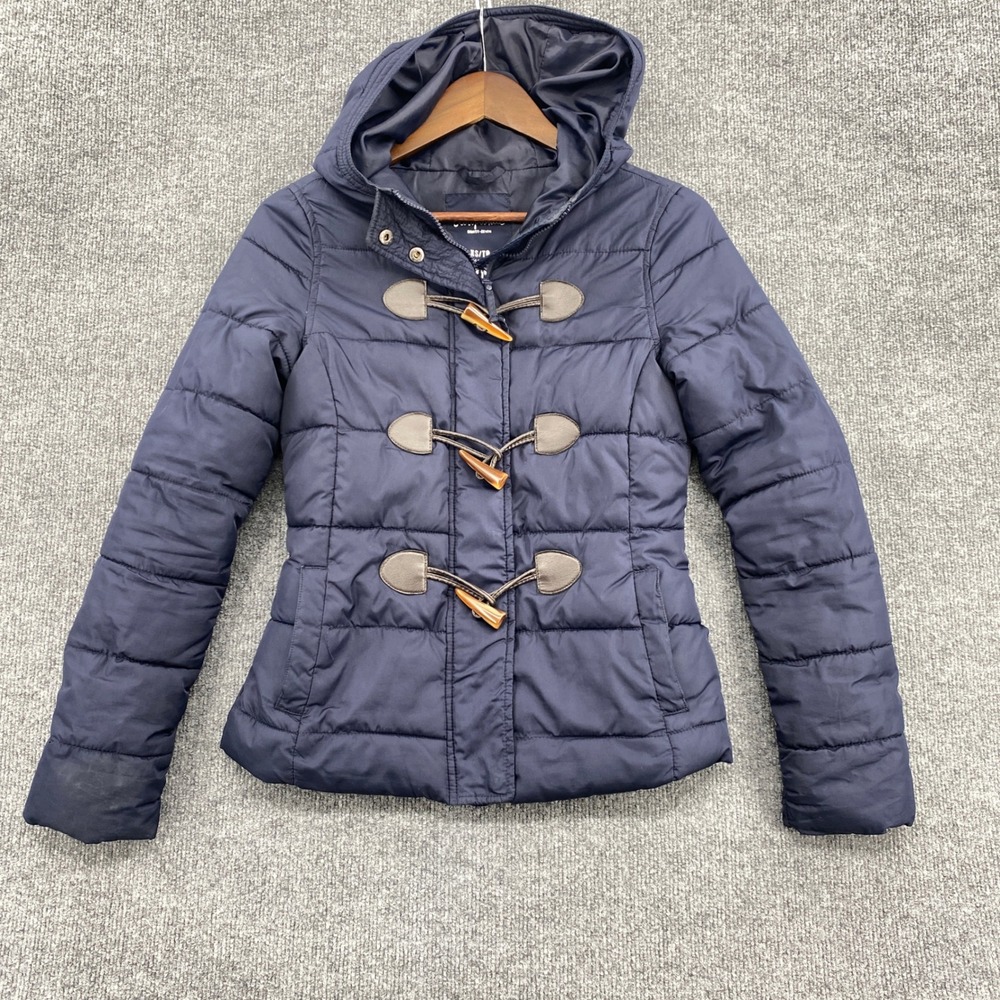 Y2K Aeropostale Toggle Puffer Jacket Womens XS Navy Blue Hooded Quilted Bella